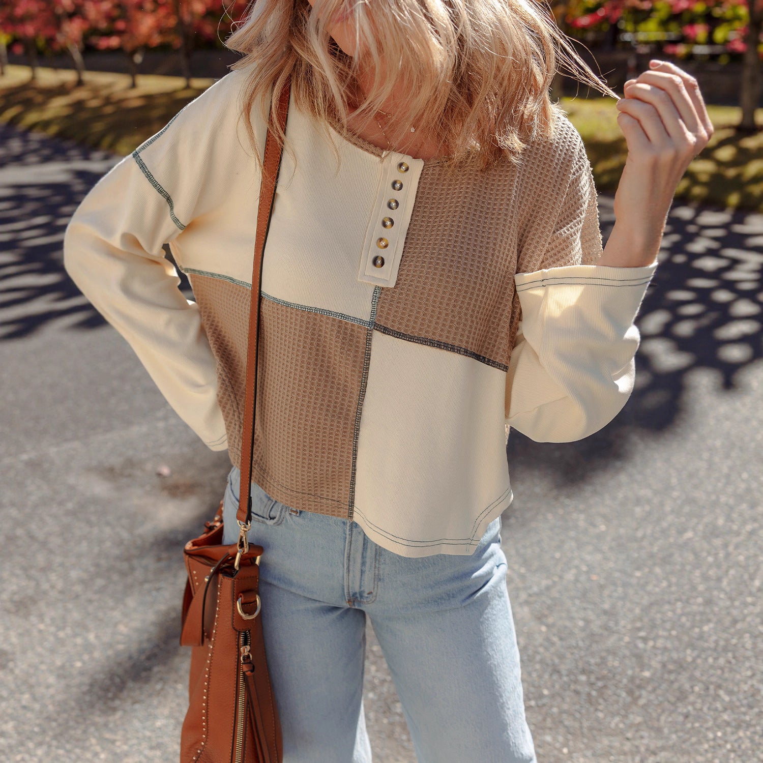Women's Round Neck Pullover Loose Sweater Patchwork Top