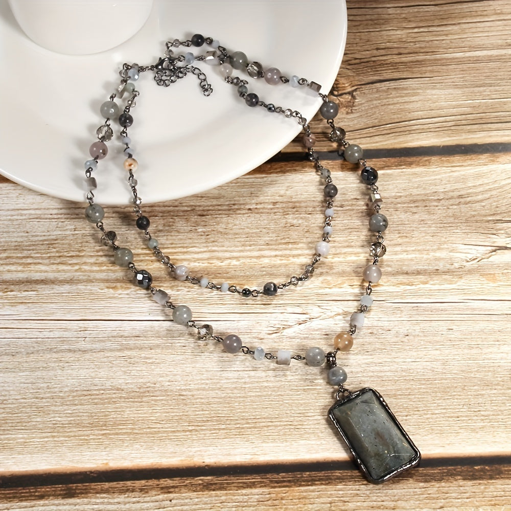 Natural Stone Glass Curved Needle Gun Black Chain 2-layer Necklace Square Cut Stone