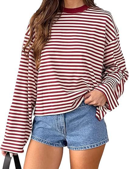 Casual Loose All-match Retro Contrast Color Striped Long-sleeved Top