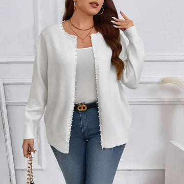 Solid Color Pearl Trim Long Sleeve Cardigan Plus Size Knitwear