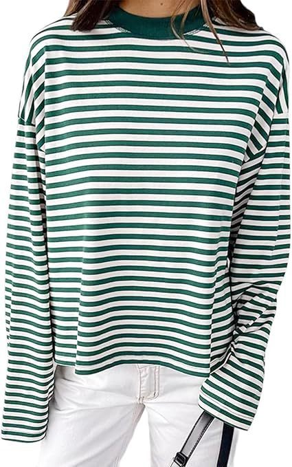 Casual Loose All-match Retro Contrast Color Striped Long-sleeved Top