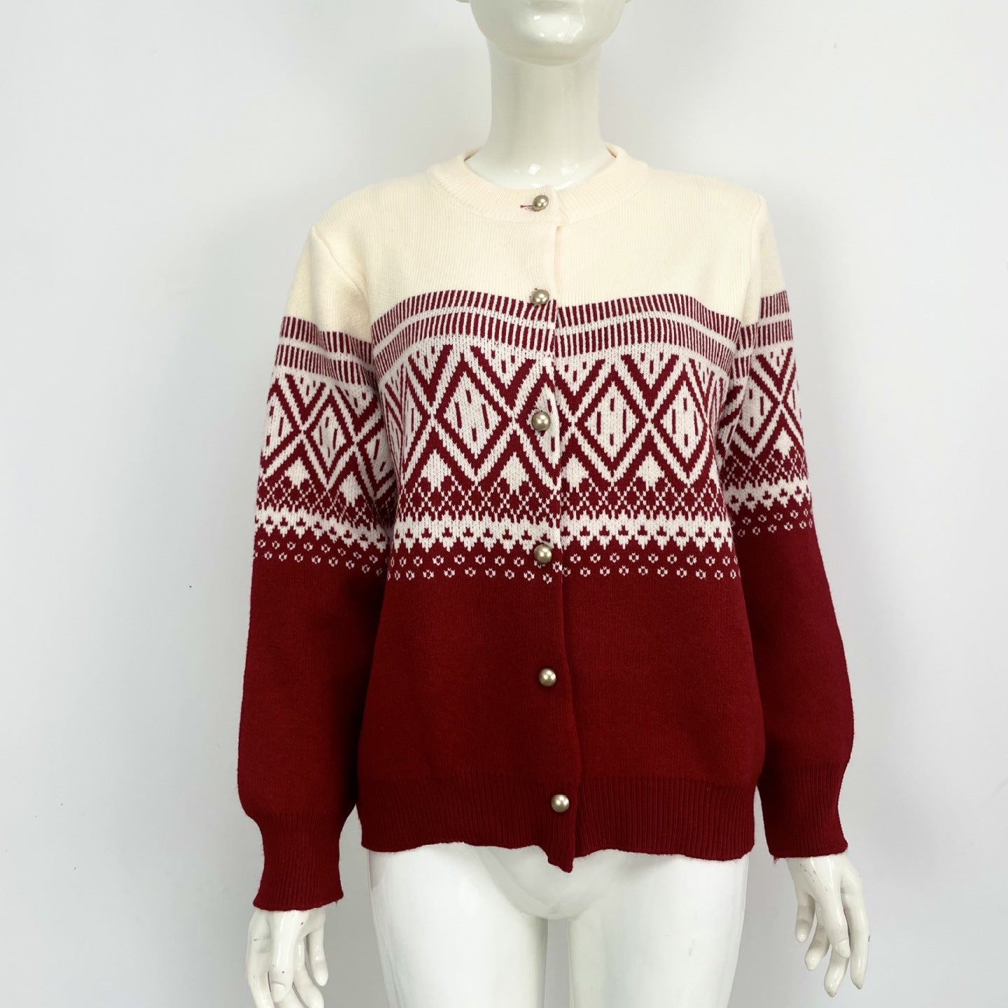 Women's Long-sleeved Contrast Color Diamond Knitted Sweater
