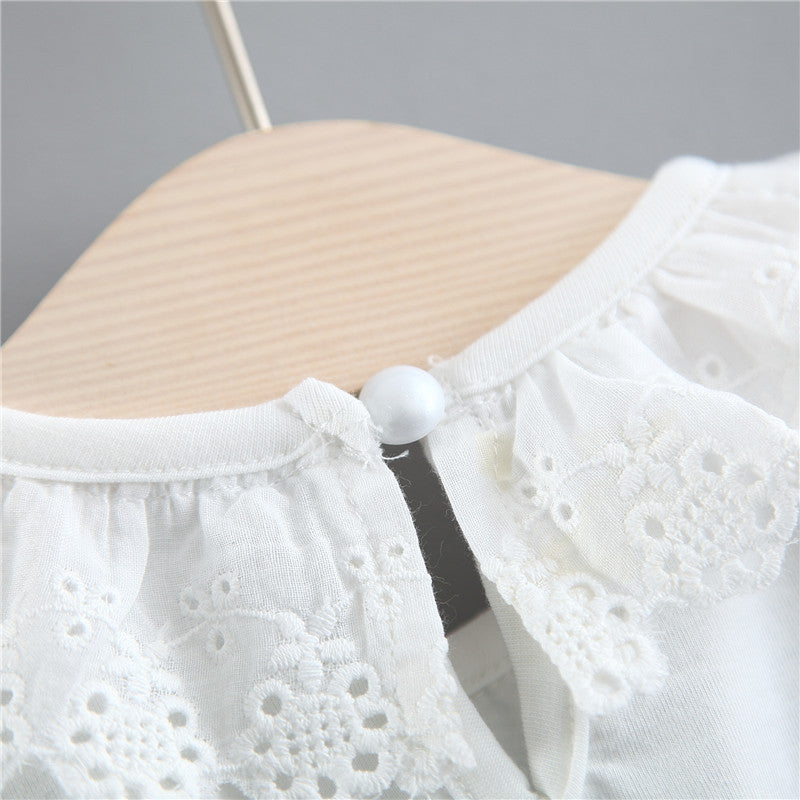 Summer Children Shirt New Solid Color Rabbit Ears Denim Fake Two-piece Skirt Female Children Children's Clothing
