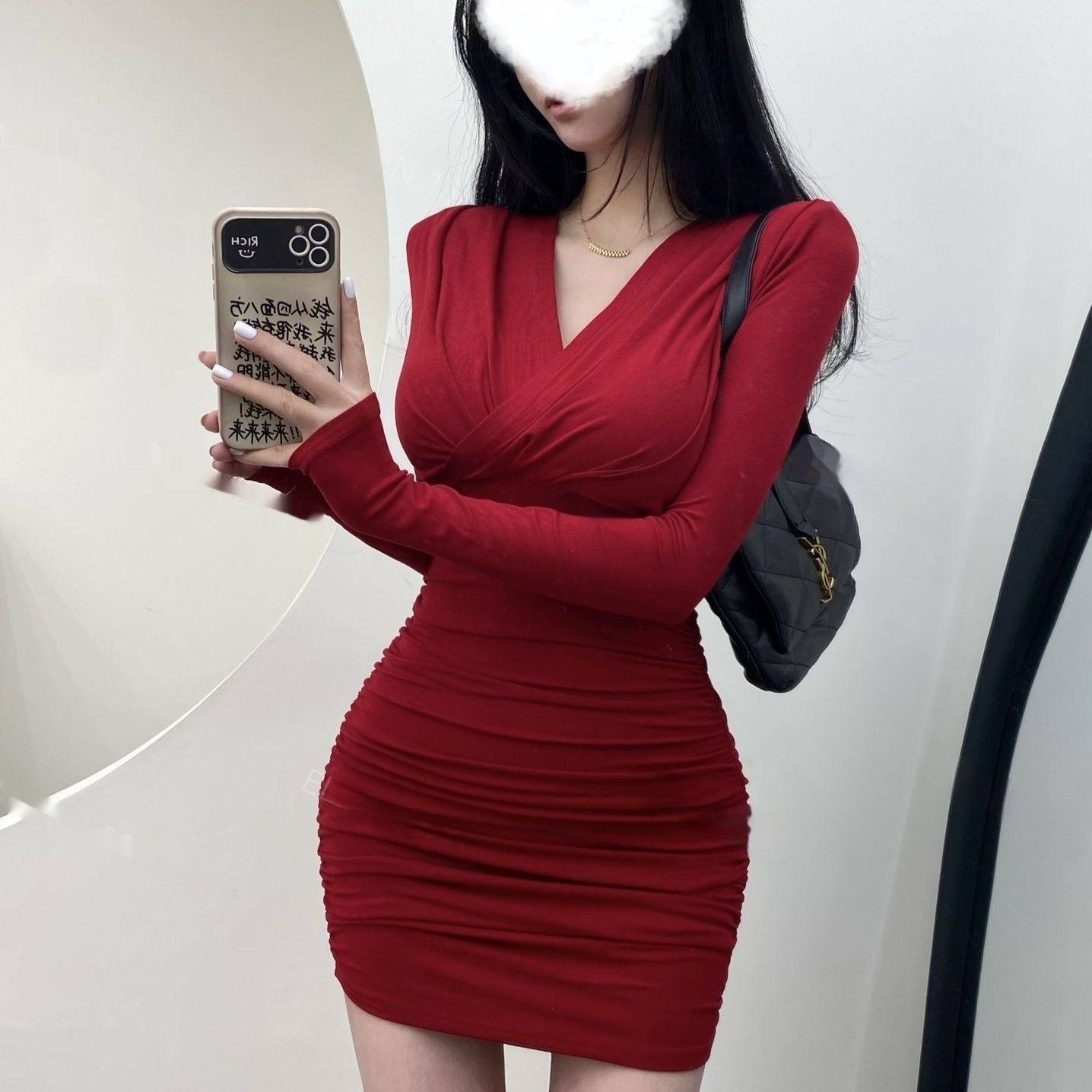 Mature Adult Lady Like Woman Style Stretch Long Sleeve Dress For Women