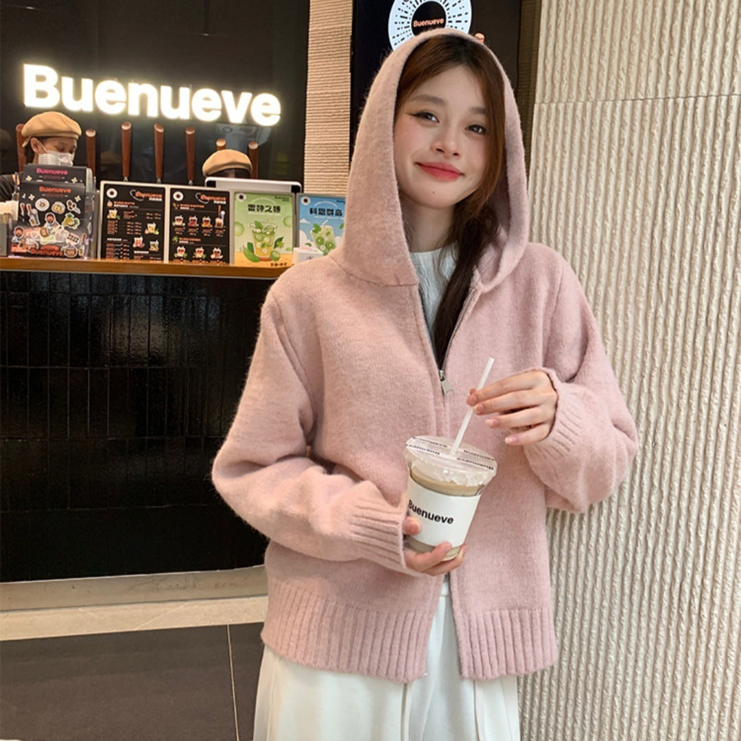 Women's Korean-style Hooded Double Zipper Knitted Bottoming Shirt