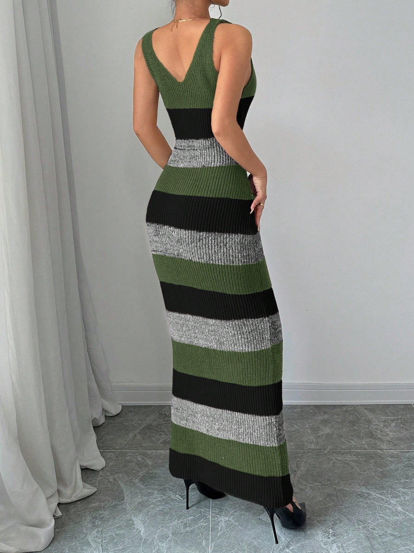 Striped Contrast Color Suspender U-neck Dress Long Knitted Dress