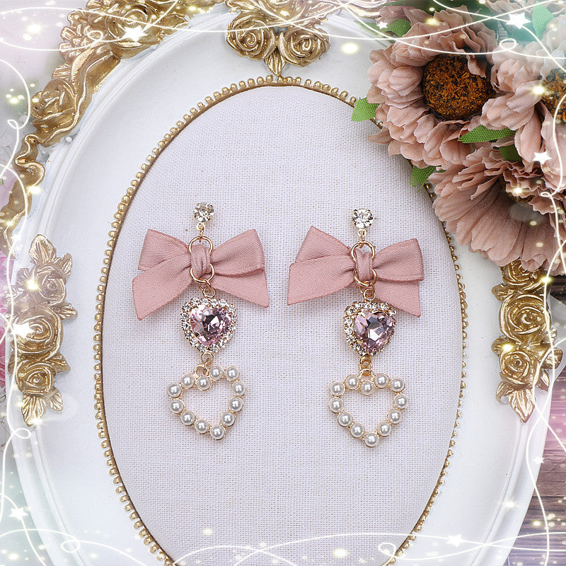 Japanese Style Sweet And Cute Bow For Cute Girl Rhinestone Earrings