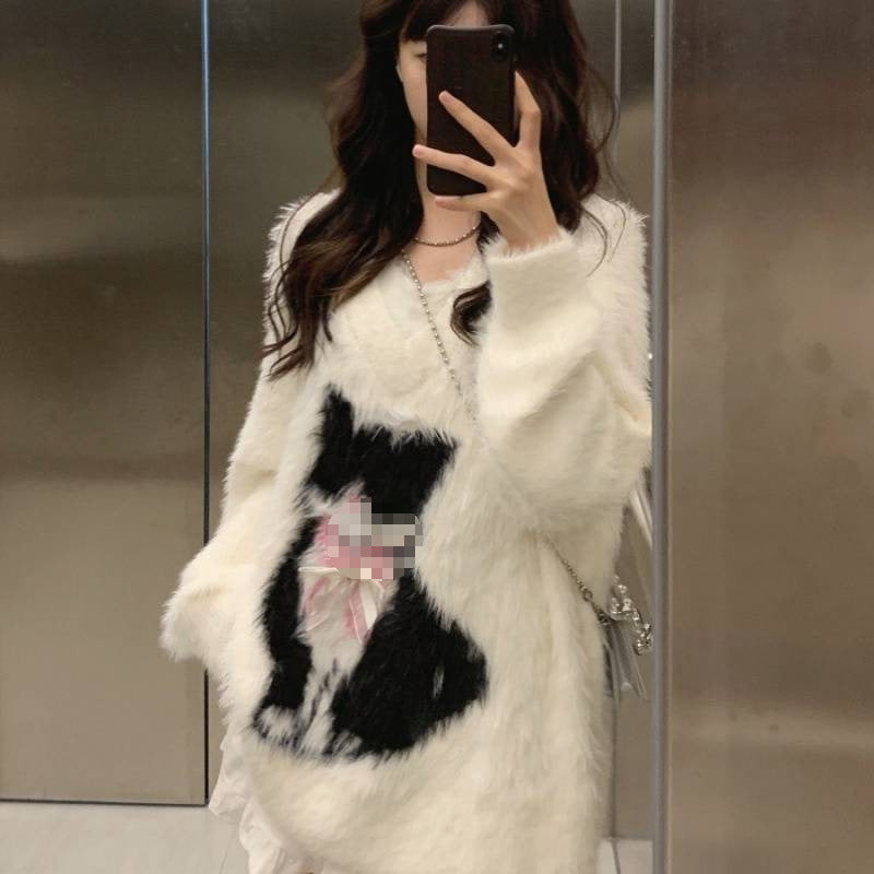 Cat Jacquard Artificial Mink Hair V-neck Sweater