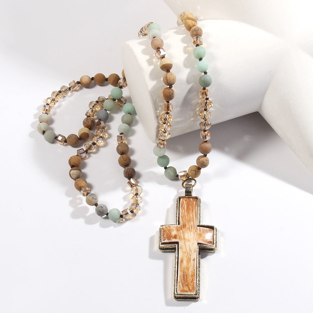 Glass Knotted Resin Cross Pendant Necklace Sweater Chain