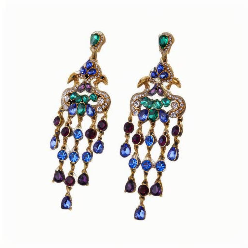 Retro Affordable Luxury Peacock Stud Earrings Diamond Colored Glass Tassel Jewelry
