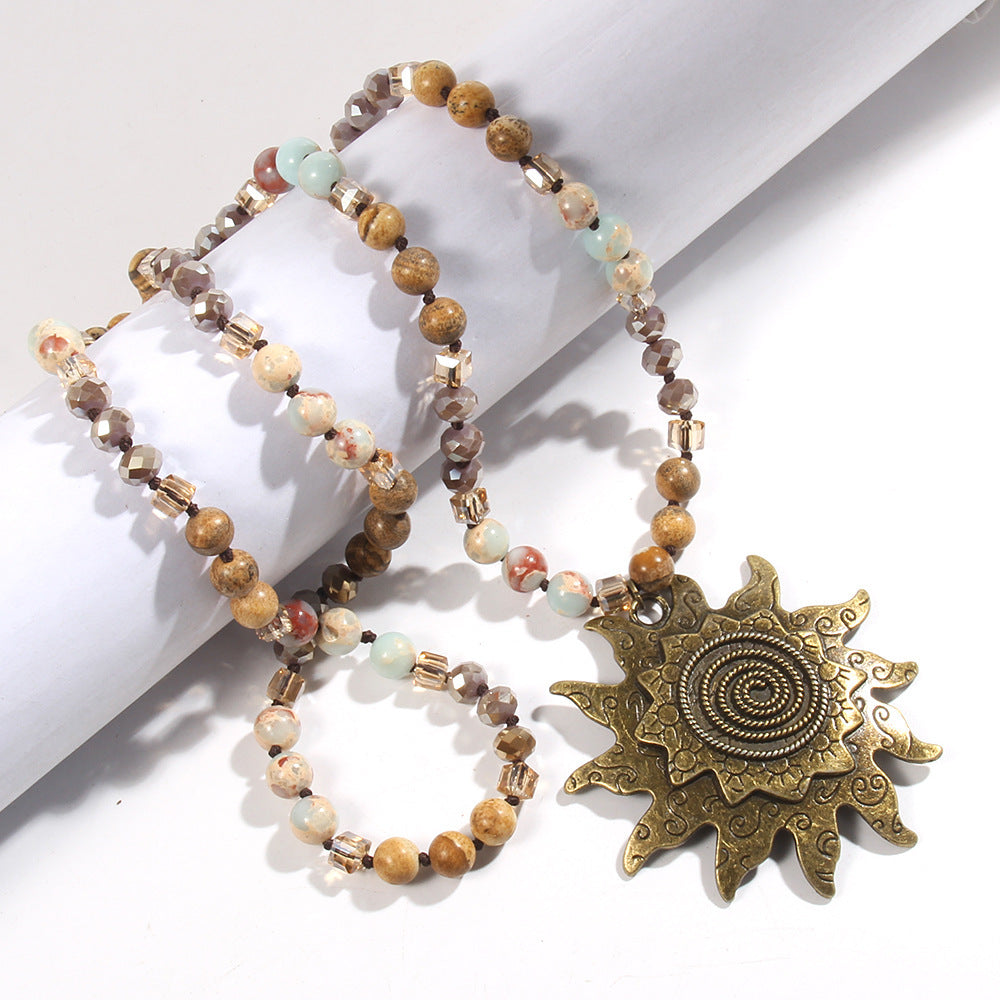 Glass Knotted Necklace Ancient Cyan Sun Pendant Necklace Sweater Chain