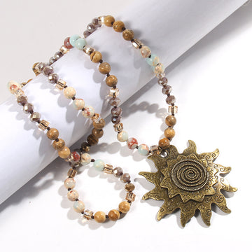 Glass Knotted Necklace Ancient Cyan Sun Pendant Necklace Sweater Chain
