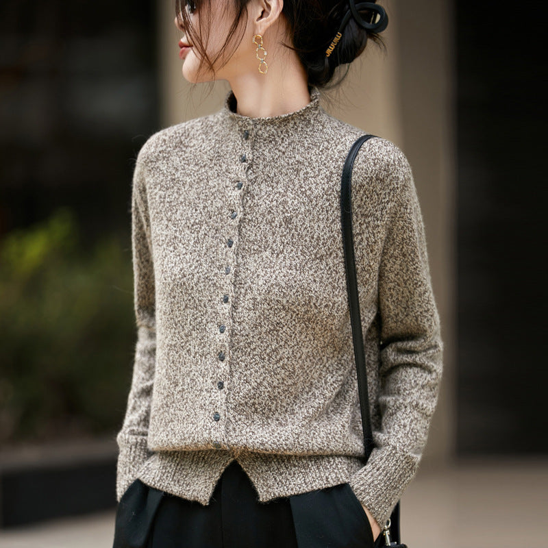 Machine Washable Half Turtleneck Arabesquitic Fabric Knitted Cardigan