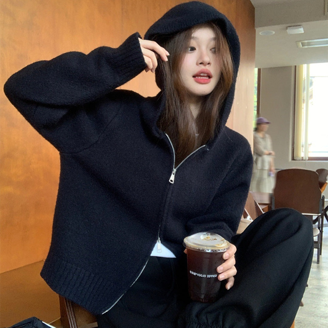 Women's Korean-style Hooded Double Zipper Knitted Bottoming Shirt