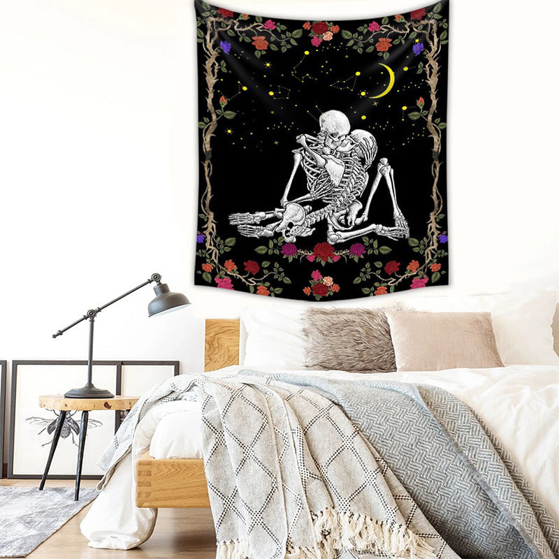 Black And White Skull Rose Lovers Home Decor Tapestry