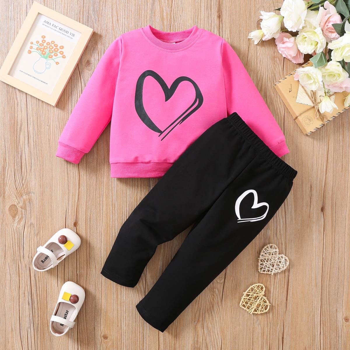 Heart Print Pullover Two-piece Set For Children's Clothing