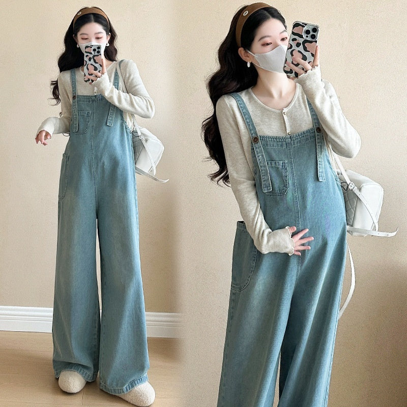 Simple New Long Sleeve Top Washed Denim Maternity Bib Pants