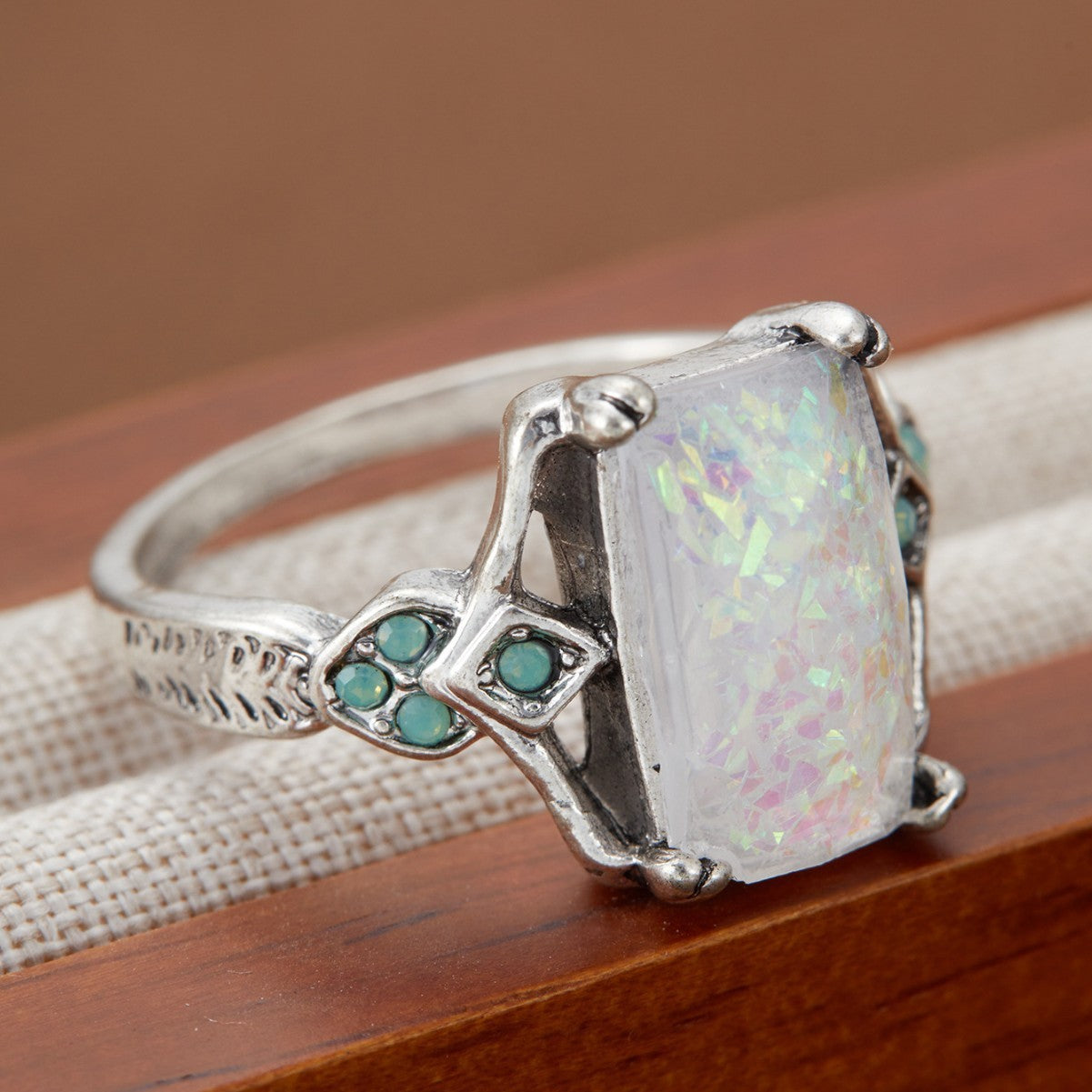 Rectangular White Opal Ancient Silver Ring Ornament
