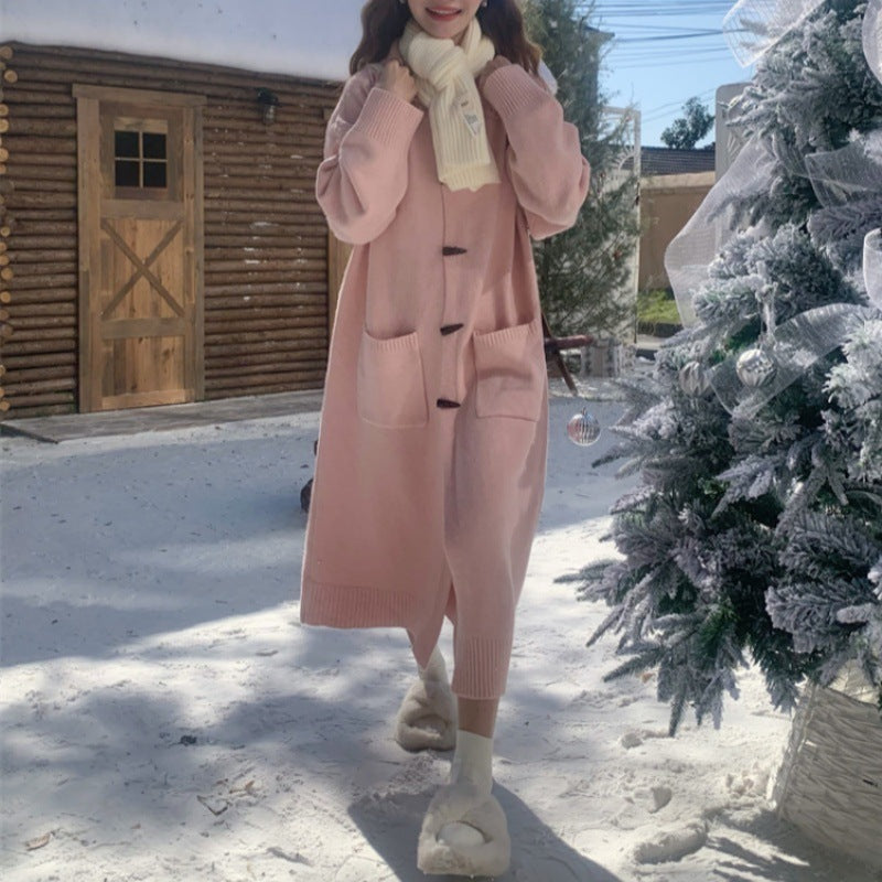 Horn Button Sweater Cardigan Women's Mid-length Turn-down Collar Coat