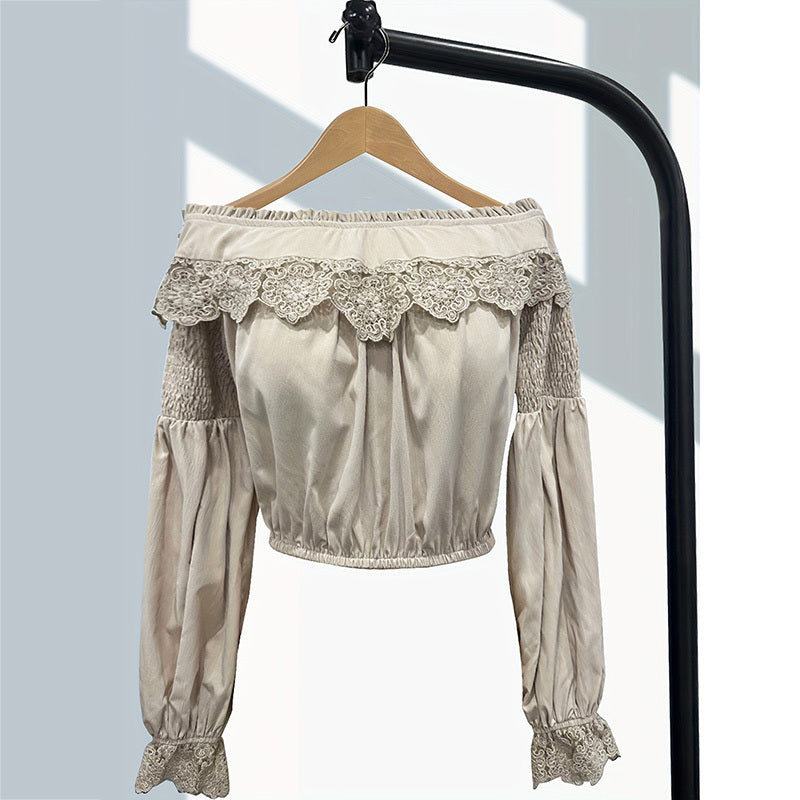 Women's Solid Color Off-Shoulder Bell Sleeve Blouse Elegant Ruffled Vintage Top With Lace Embroidery Fashion Shirt