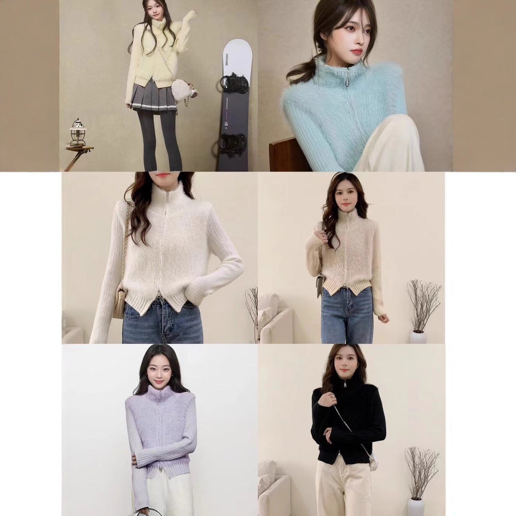 Autumn And Winter Stitching Zip Knitted Sweater