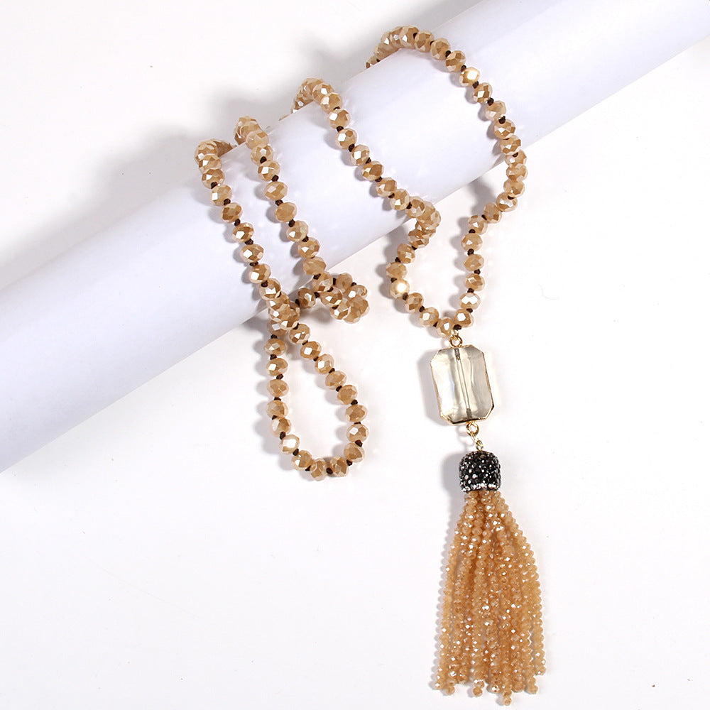 Crystal Glass Necklace Square Glass With Glass Tassel Necklace Sweater Chain