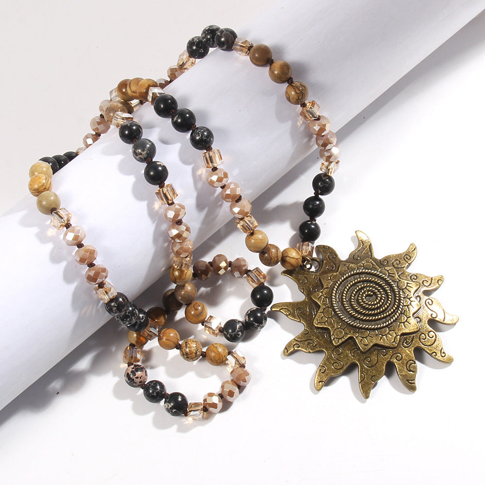 Glass Knotted Necklace Ancient Cyan Sun Pendant Necklace Sweater Chain