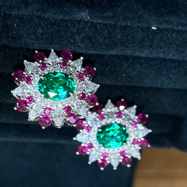 Colorful Stud Earrings Female Flower Geometric Design Ornaments Oval Zircon Style