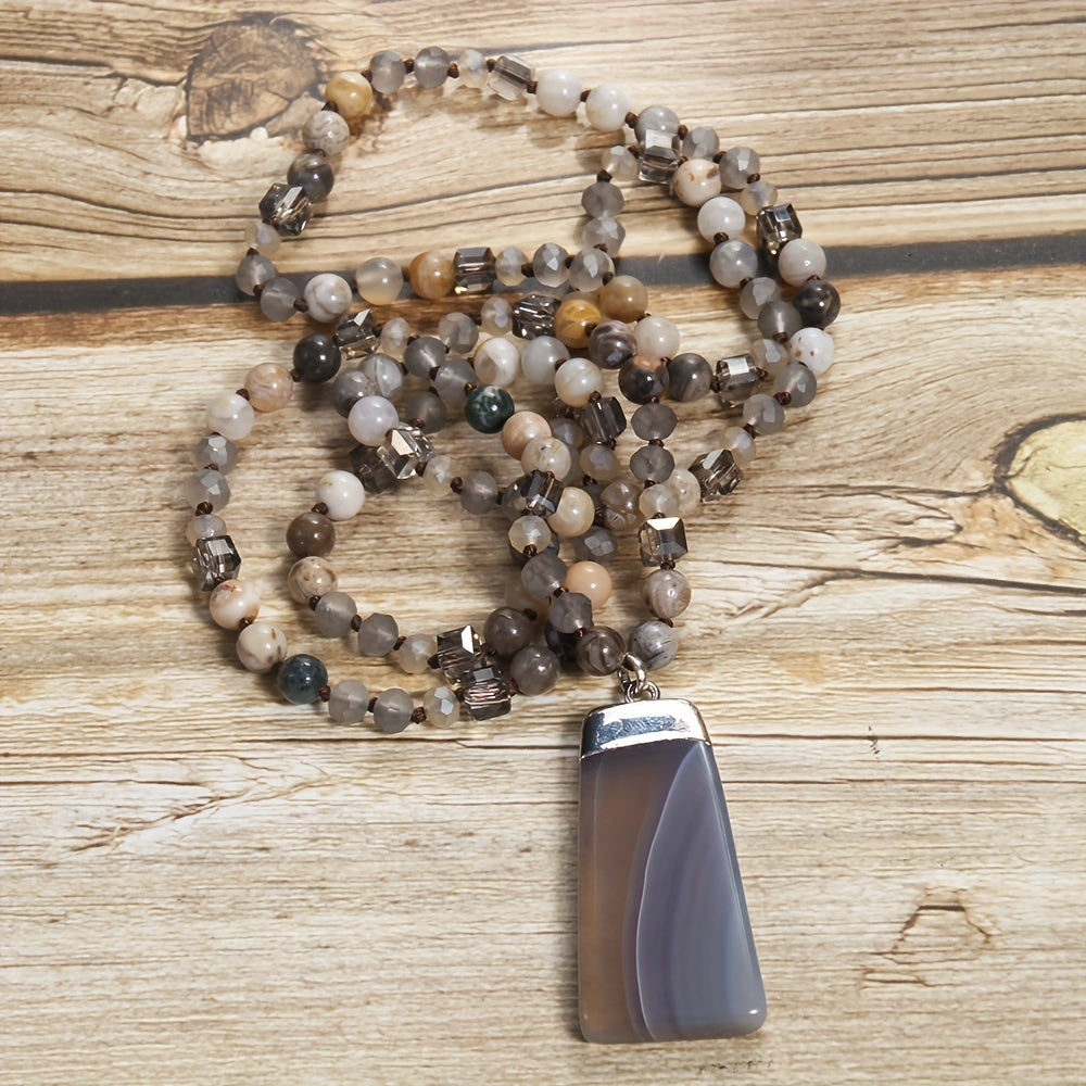 Bohemian Style Natural Semi-precious Stone Mixed Glass Square Agate Pendant Women's Sweater Chain