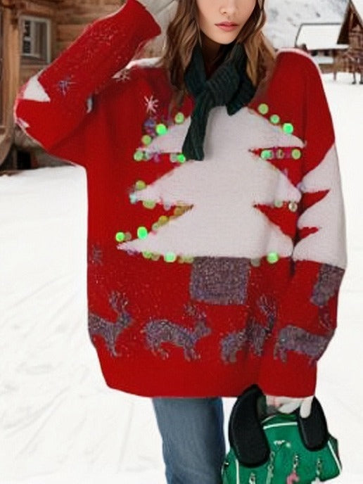 Women's Loose Christmas Tree Three-dimensional Sequins Pullover Crew Neck Sweater