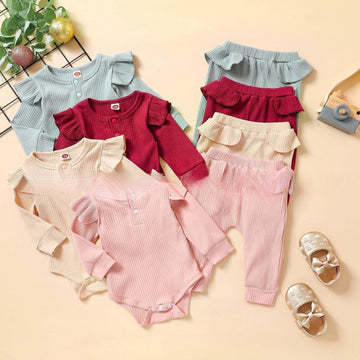 Girls' Solid Color Flounced Sleeve Romper Two-piece Cotton Clothing