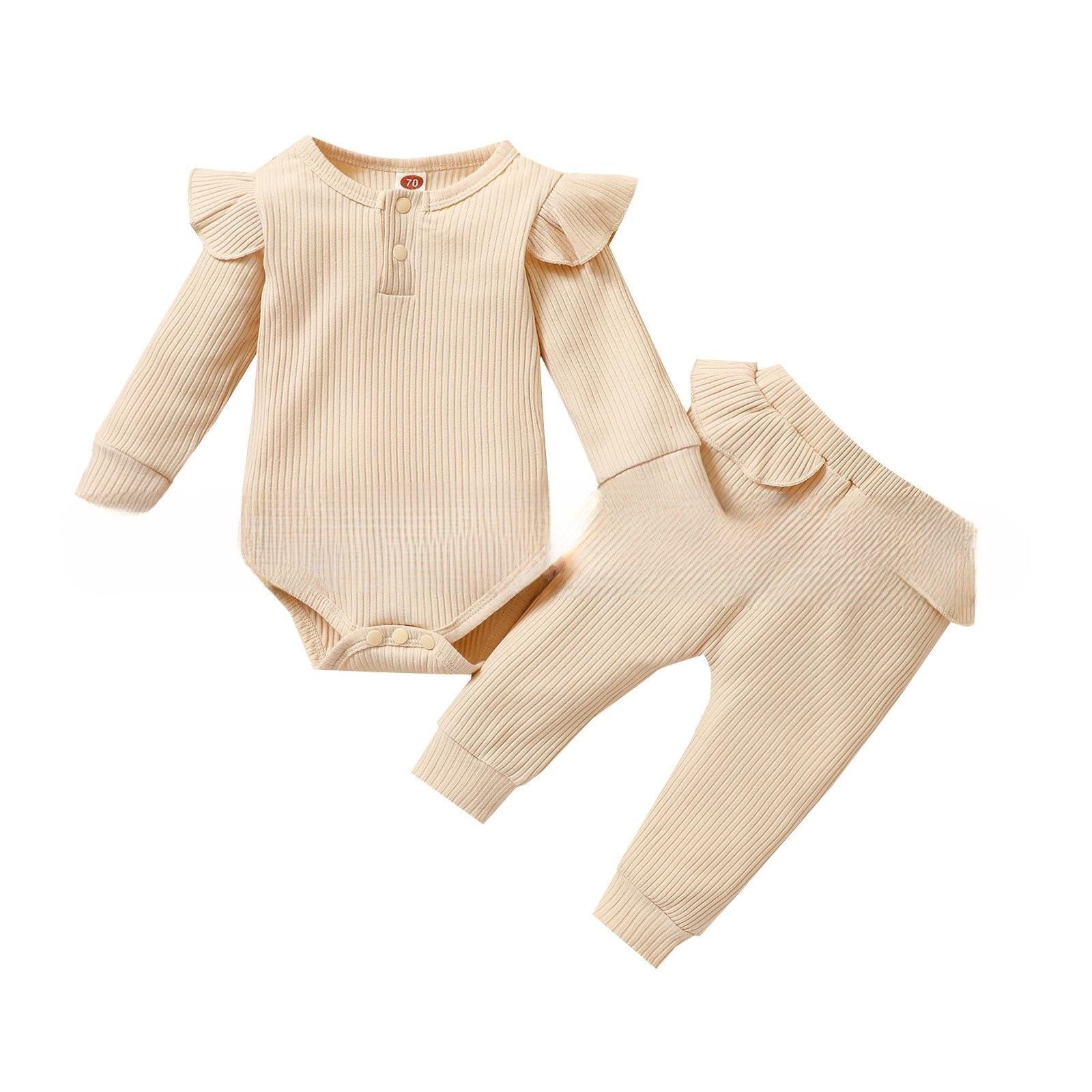 Girls' Solid Color Flounced Sleeve Romper Two-piece Cotton Clothing