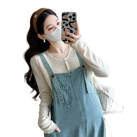 Simple New Long Sleeve Top Washed Denim Maternity Bib Pants