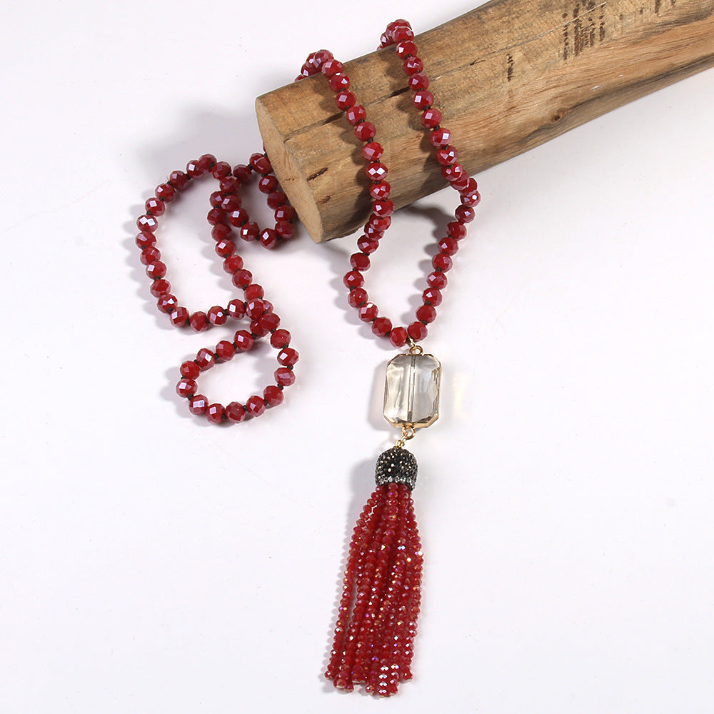 Crystal Glass Necklace Square Glass With Glass Tassel Necklace Sweater Chain