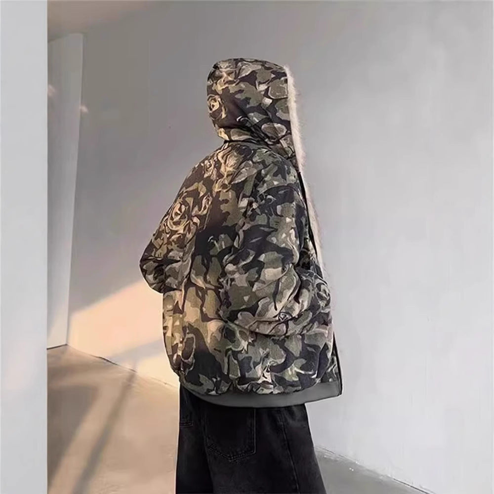 Retro Washed Camouflage Fur Collar Hood Jacket Thickened Coat