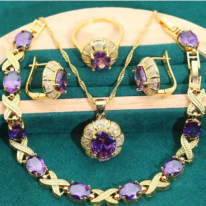 18k Gold Multi-color Zircon Ring Earrings Bracelet