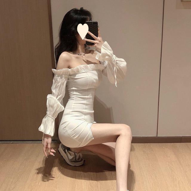 Women's French-style Off-neck Long Sleeve Narrow Dress