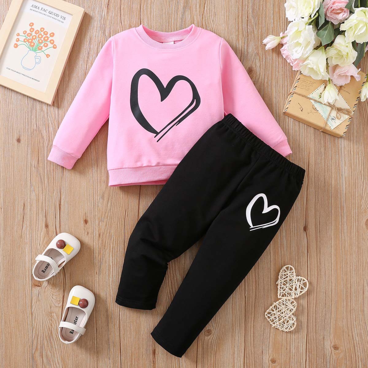 Heart Print Pullover Two-piece Set For Children's Clothing