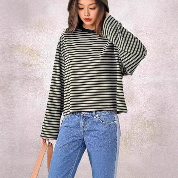Casual Loose All-match Retro Contrast Color Striped Long-sleeved Top