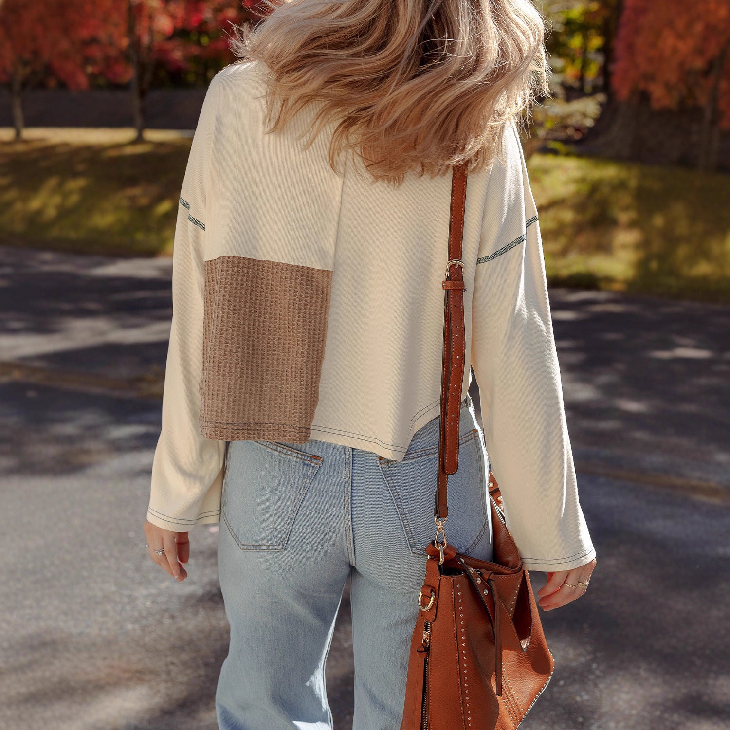 Women's Round Neck Pullover Loose Sweater Patchwork Top