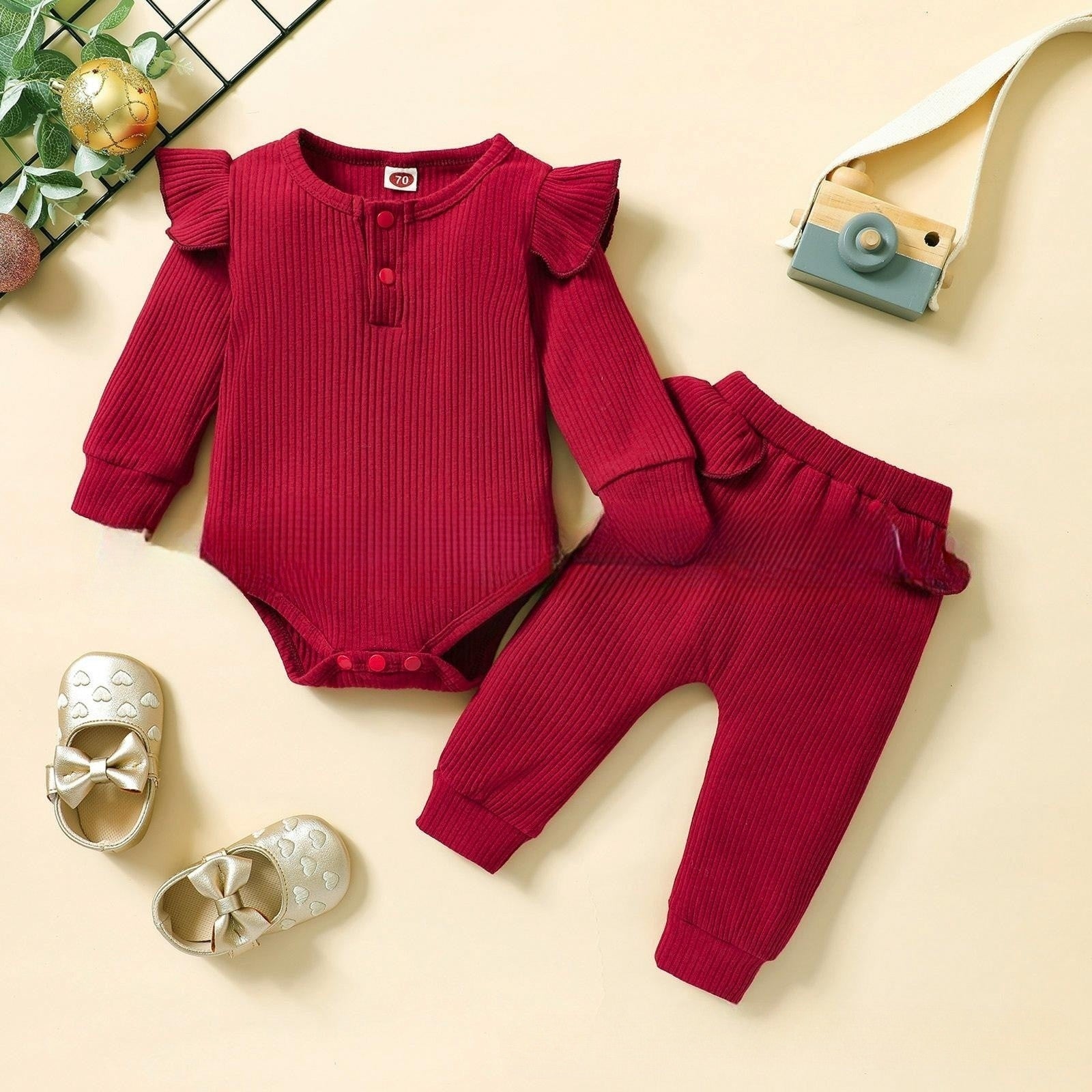 Girls' Solid Color Flounced Sleeve Romper Two-piece Cotton Clothing