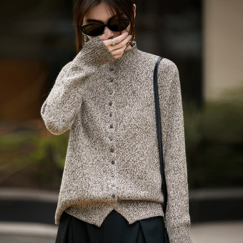 Machine Washable Half Turtleneck Arabesquitic Fabric Knitted Cardigan