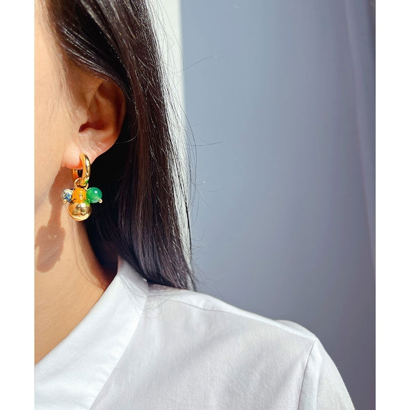 High-grade Green Black Yellow Agate Contrast Color Gold Ball Earrings