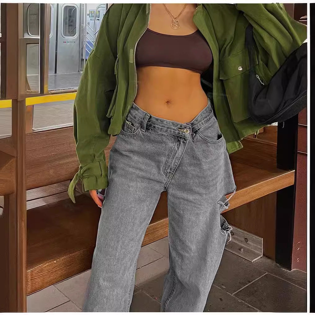 Fashionable Oblique Waist Low Waist Loose Hole Jeans For Women