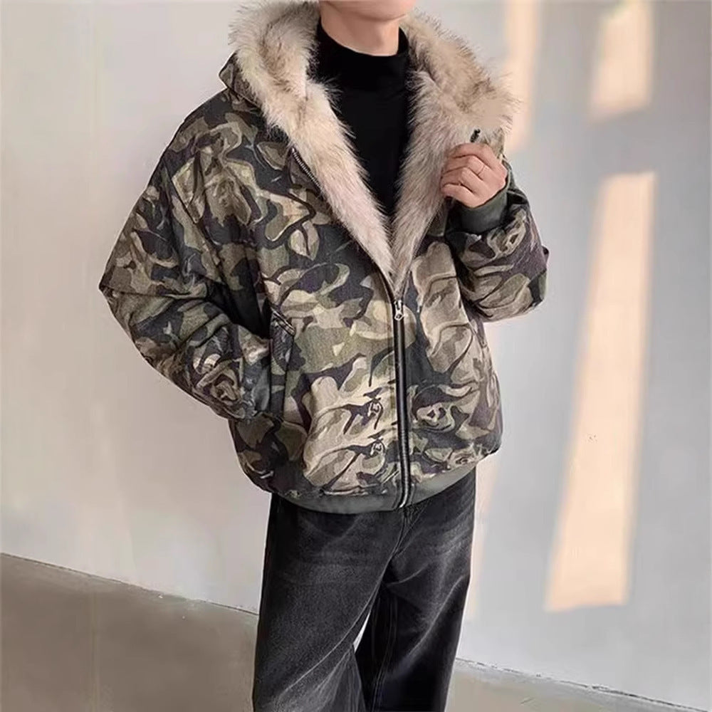 Retro Washed Camouflage Fur Collar Hood Jacket Thickened Coat