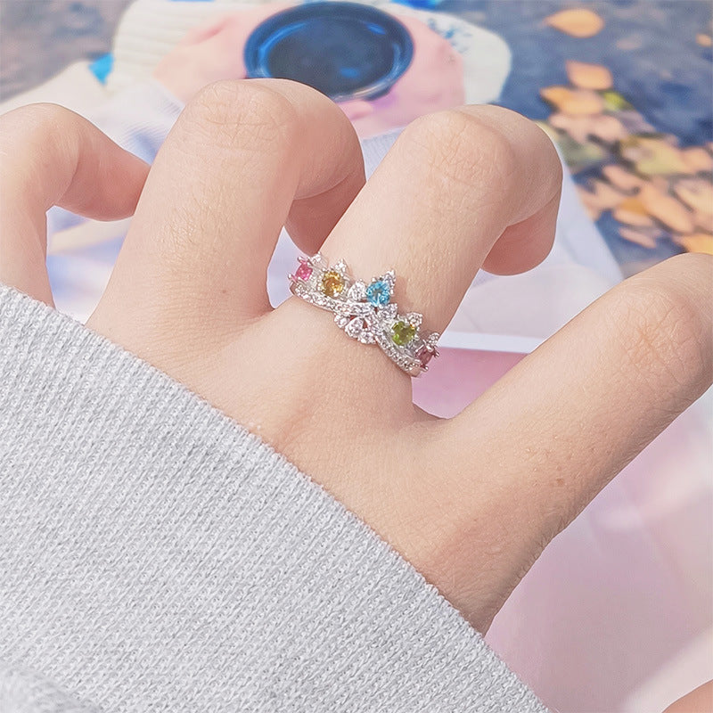 S925 Sterling Silver Crown Rainbow Tourmaline Ring