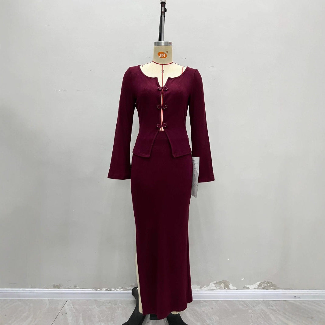 Square Collar Short Shirt Buckle Fashion Burgundy Knitted Two-piece