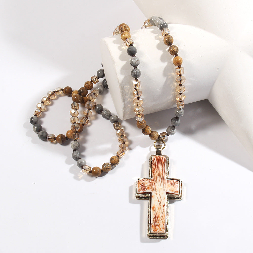Glass Knotted Resin Cross Pendant Necklace Sweater Chain