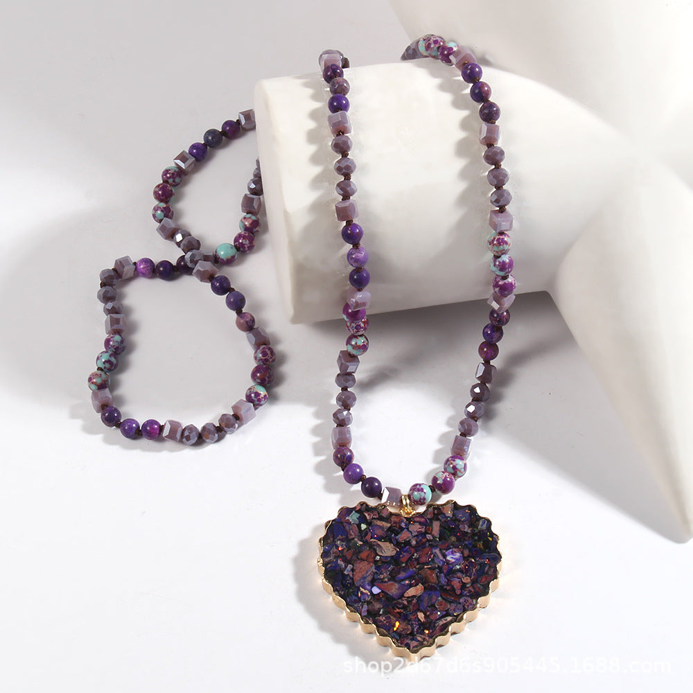 Glass Necklace Gravel Heart Pendant Sweater Chain