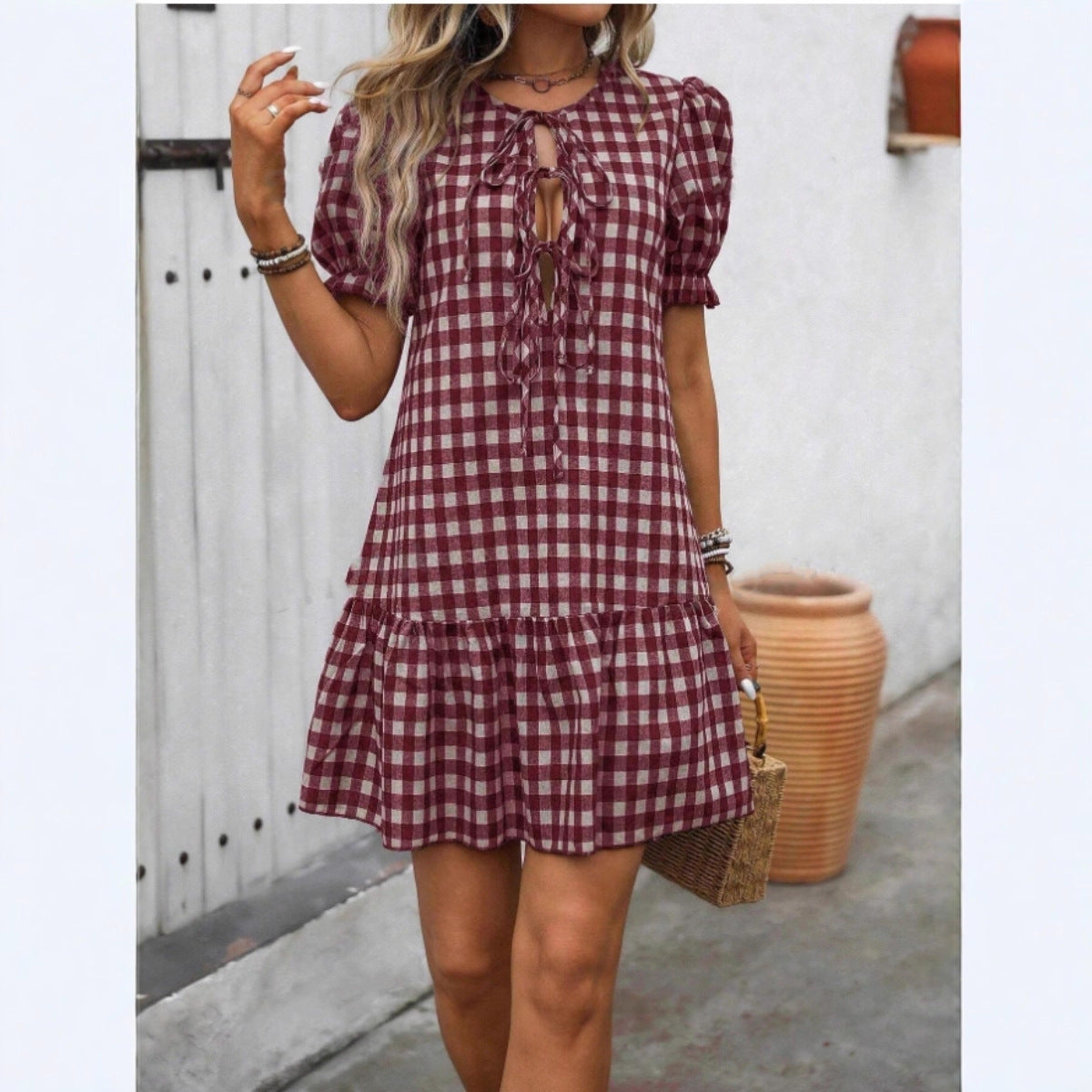 Plaid Drawstring Puff Sleeve Bohemian Dress